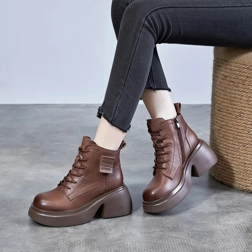 

Женские ботинки из натуральной кожи, водонепроницаемые средние короткие ботинки в стиле ретро, нескользящие женские ботинки Botas De Mujer Plataforma Botines