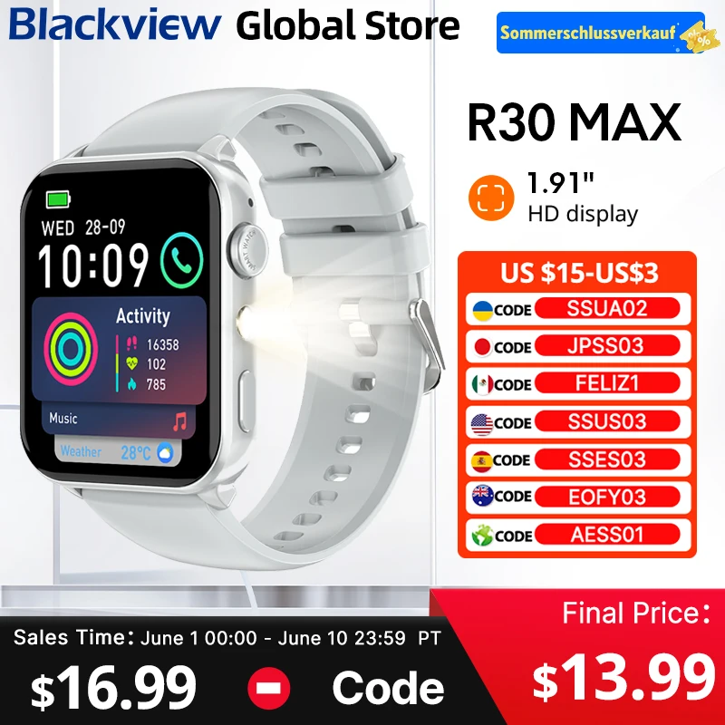 New 2025 Blackview R30 Max Smartwatch Bluetooth Phone Call LED Flashlight  1.91
