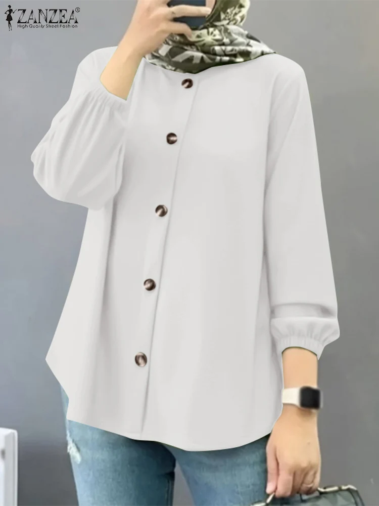 

ZANZEA Elegant Solid Shirt Women Summer Blouse Fashion O Neck Long Sleeve Buttons Tops Casual Muslim Abaya Hijab Blusas Chemise