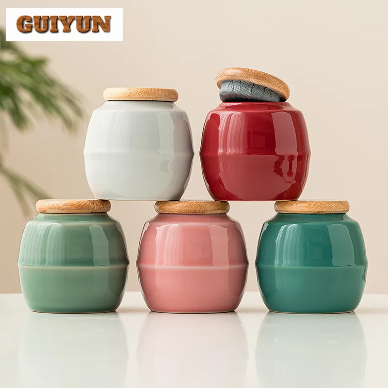 

Creative Wodd Lid Ceramic Tea Caddy With Lid Porcelain Sealed Candy Caddy Portable Tea Box Desktop Decoration Home Decoration