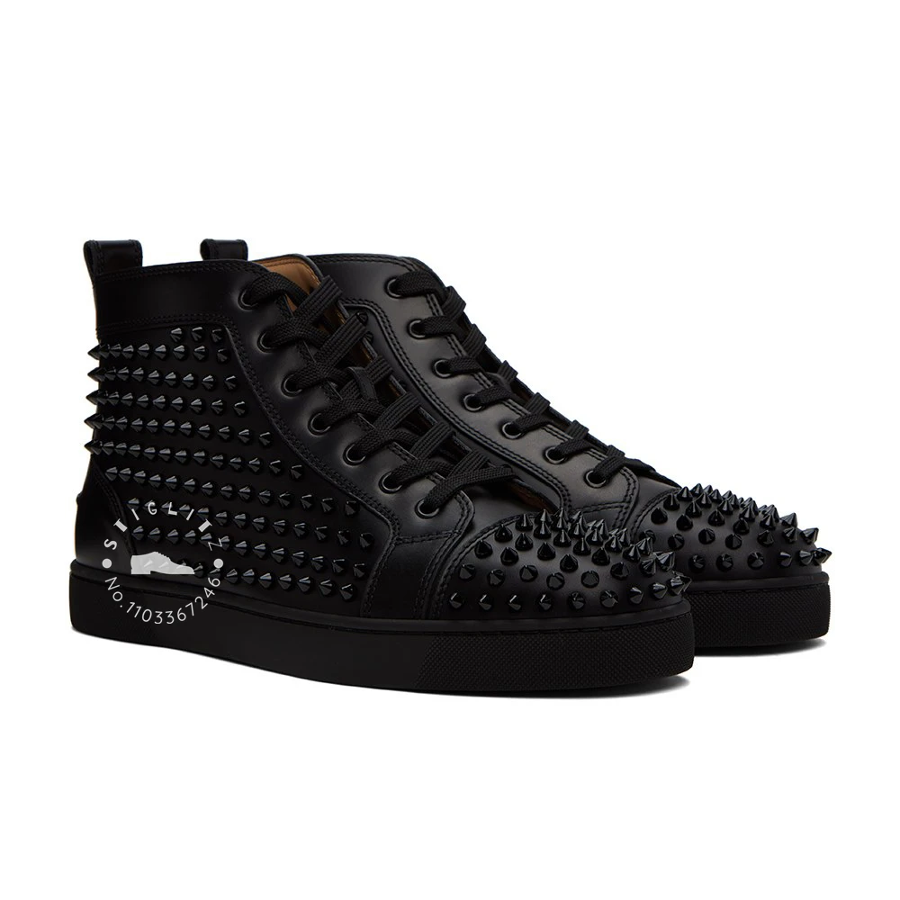 Black Studded Leather High-Top Sneakers Classic Punk Style Rivet Round Toe Skate Shoes Comfortable Lace-Up Casual Shoes for Men