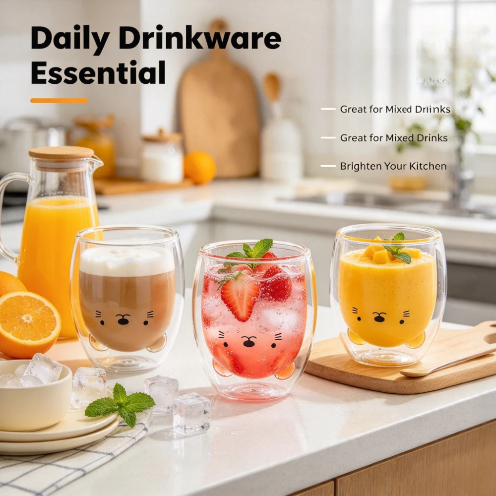 1pc Cute Cat Shaped Double Wall Glass Mug Handleless Insulated Coffee Tea Cup Kawaii Transparent Drinkware for Home Kitchen Office