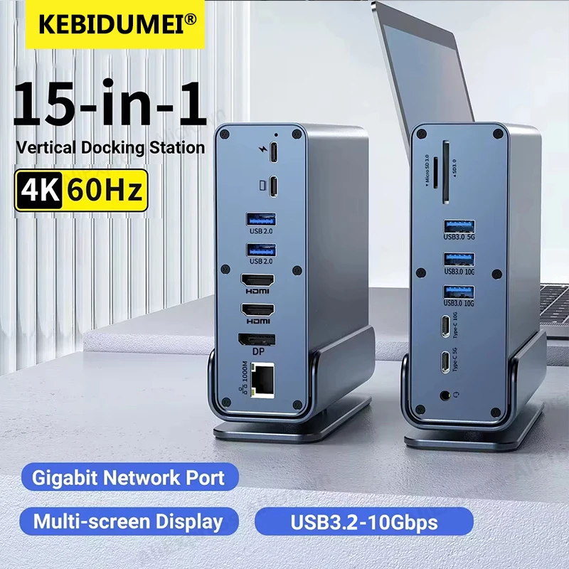  ﻿ KEBIDUMEI 15-in-1 USB-C Dockingstation USB 3.2 Hub 10Gbps Typ-C zu HDMI 4K@60HZ PD100W RJ45 1000Mbps Audio für PC-Adapter
