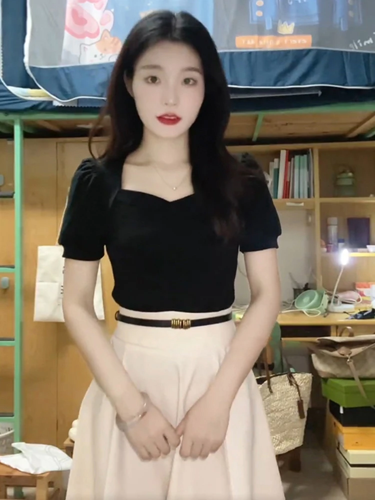 Slimming Summer Dr Set for Women Ele Cute Sle A-Line Skirt ort Sve Polyester Blend Fabric Holiday Wear