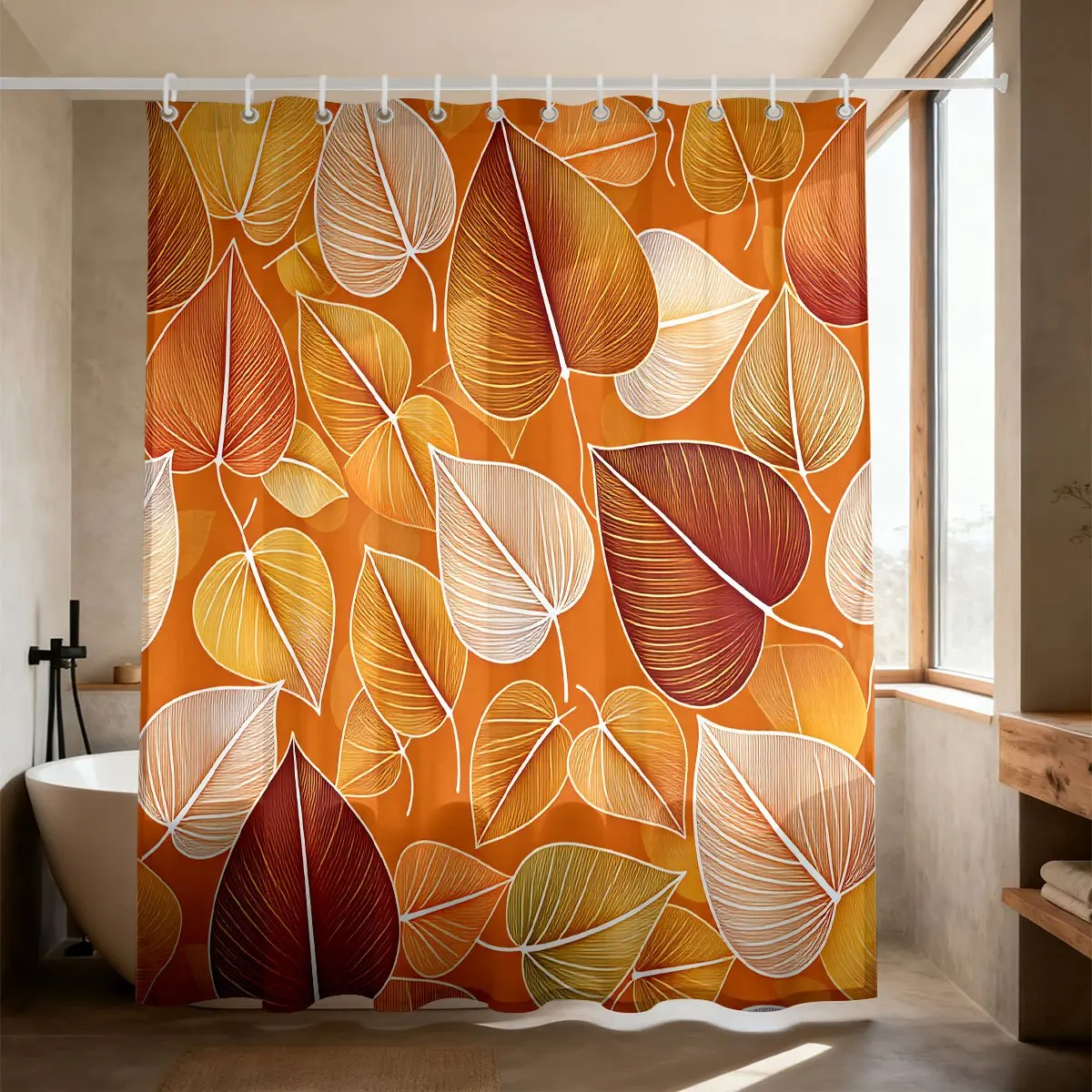 Autumn Fall Leaves Line Art Pattern Orange Background Art Print Flannel , Warm Season Botanical Foliage Soft