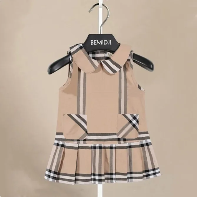 

Summer Baby Pure Cotton Wear Girls' Sleeveless Vest Striped Pocket Skirt Lapel Children' Dress Cute Sweet Pleated Skirt Fashion