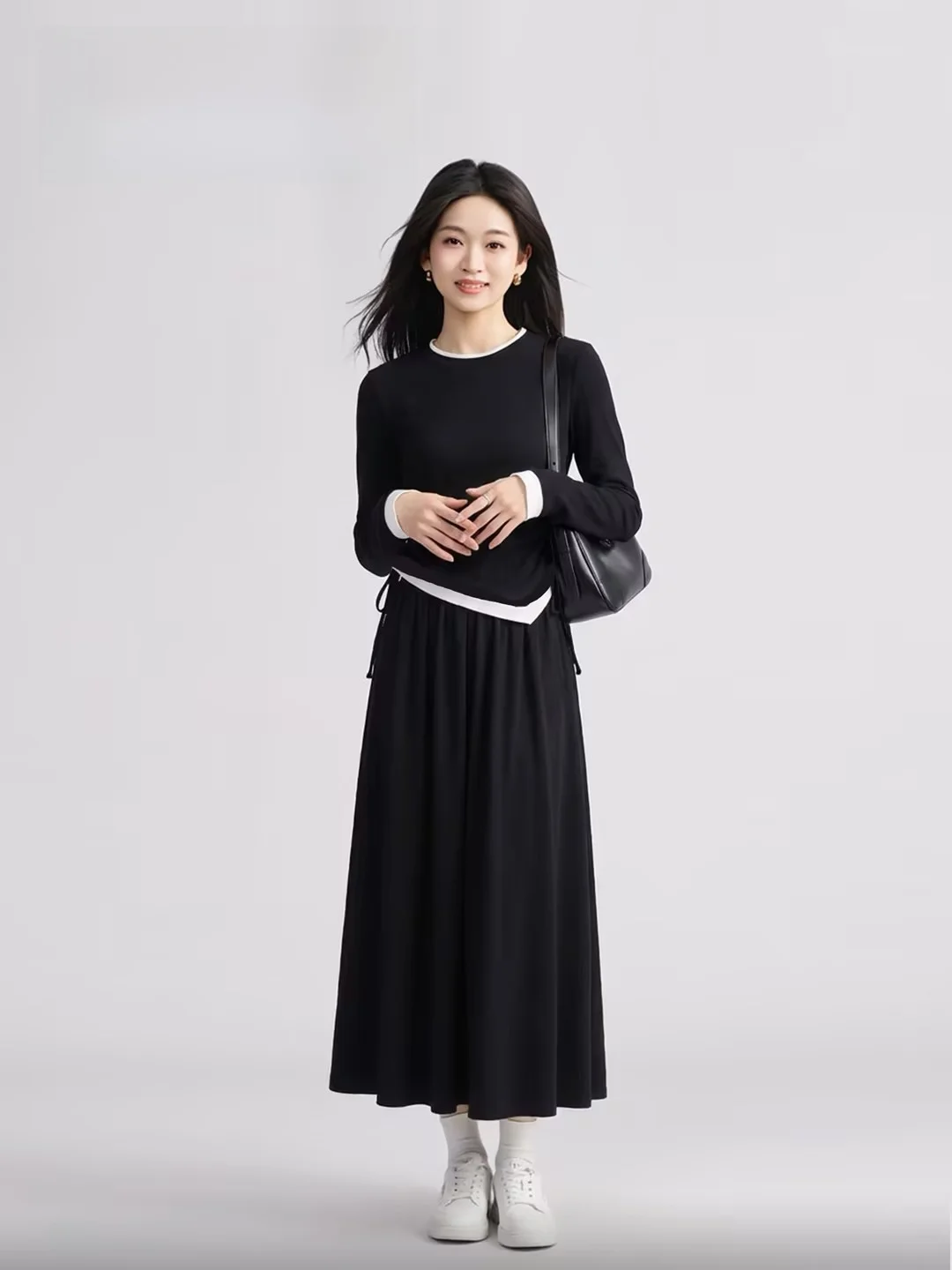 

Faionable Bla Two-Piece Set for ort Women Early Spring T-irt Skirt Long Sve Svel Spring Season Women's ...