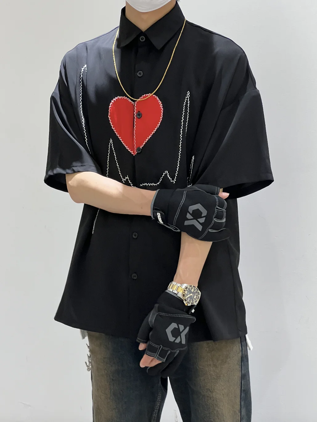 Original design love short sleeve black drape loose half sleeve trend casual summer men's shirt