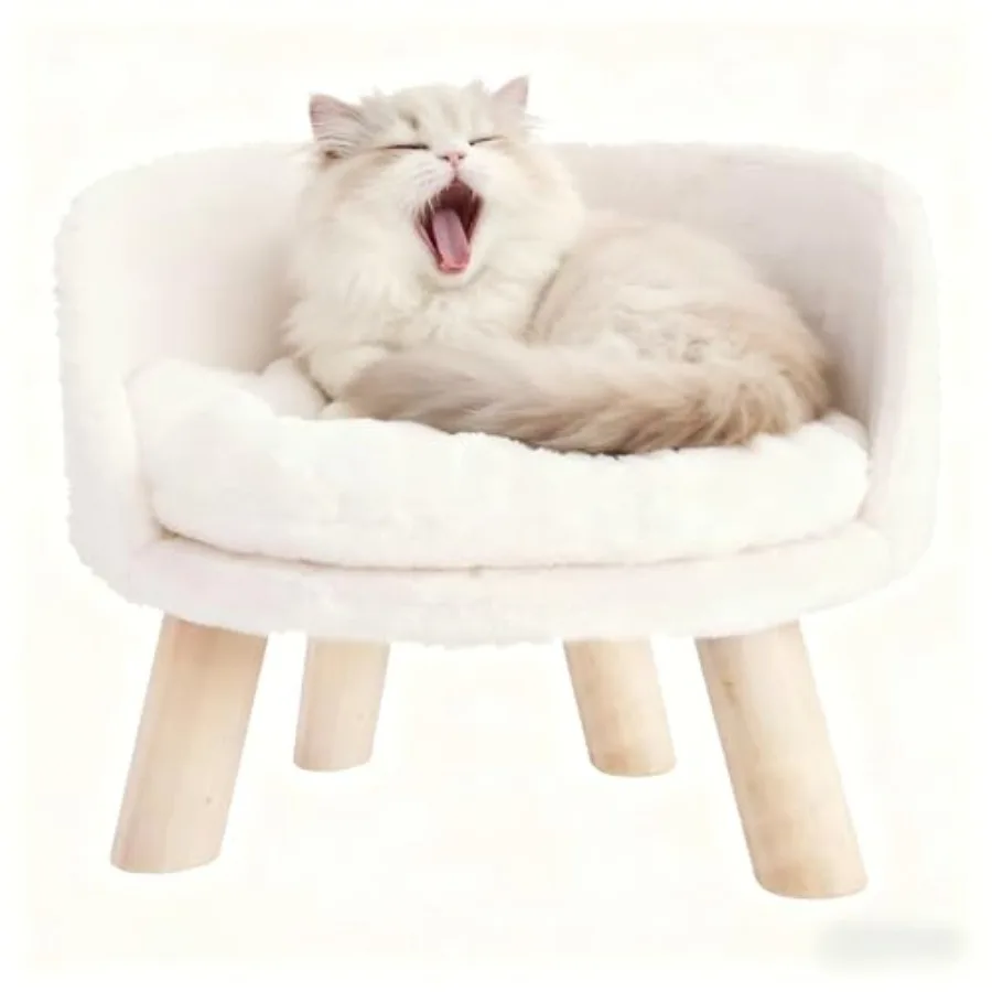 

Elevated Pet Bed for Small Dogs and Kittens Nordic-style Cat Stool with Waterproof Cozy Pad and Sturdy Wooden Legs Gray