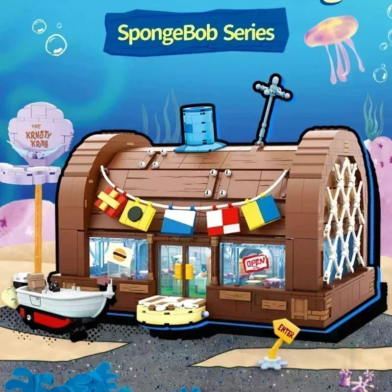 Bob Esponja SquarePants bloques de construcción dibujos animados Krabby Patty restaurante modelo rompecabezas ornamento juguete con caja de