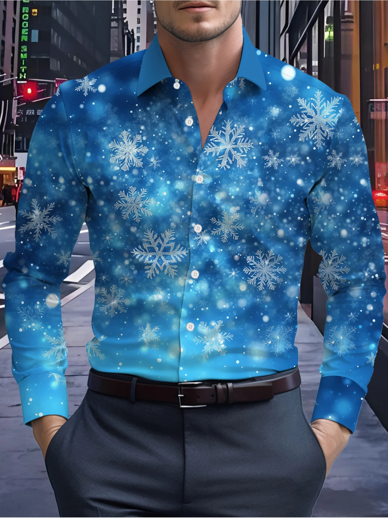 Men Long Sleeve Button Down Shirt Blue Winter Snowflake Glitter Print Polyester Lapel Collar Holiday