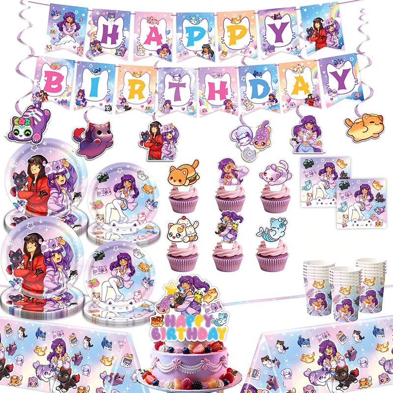    Aphmau Geburtstagsdekoration Aufkleber Teller Becher Tischdecke Hintergrund Tortendekoration Geschirrset Mädchen-Geschenke Baby-Shower-Zubehör