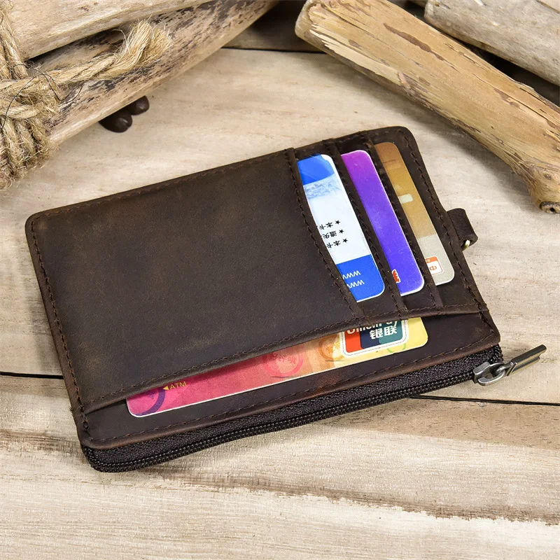 محفظة نقود معدنية متعددة الوظائف من جلد كريزي هورس، جيب للعملات المعدنية، متعددة المشبك، سلسلة معلقة، محفظة رفيعة للأمن