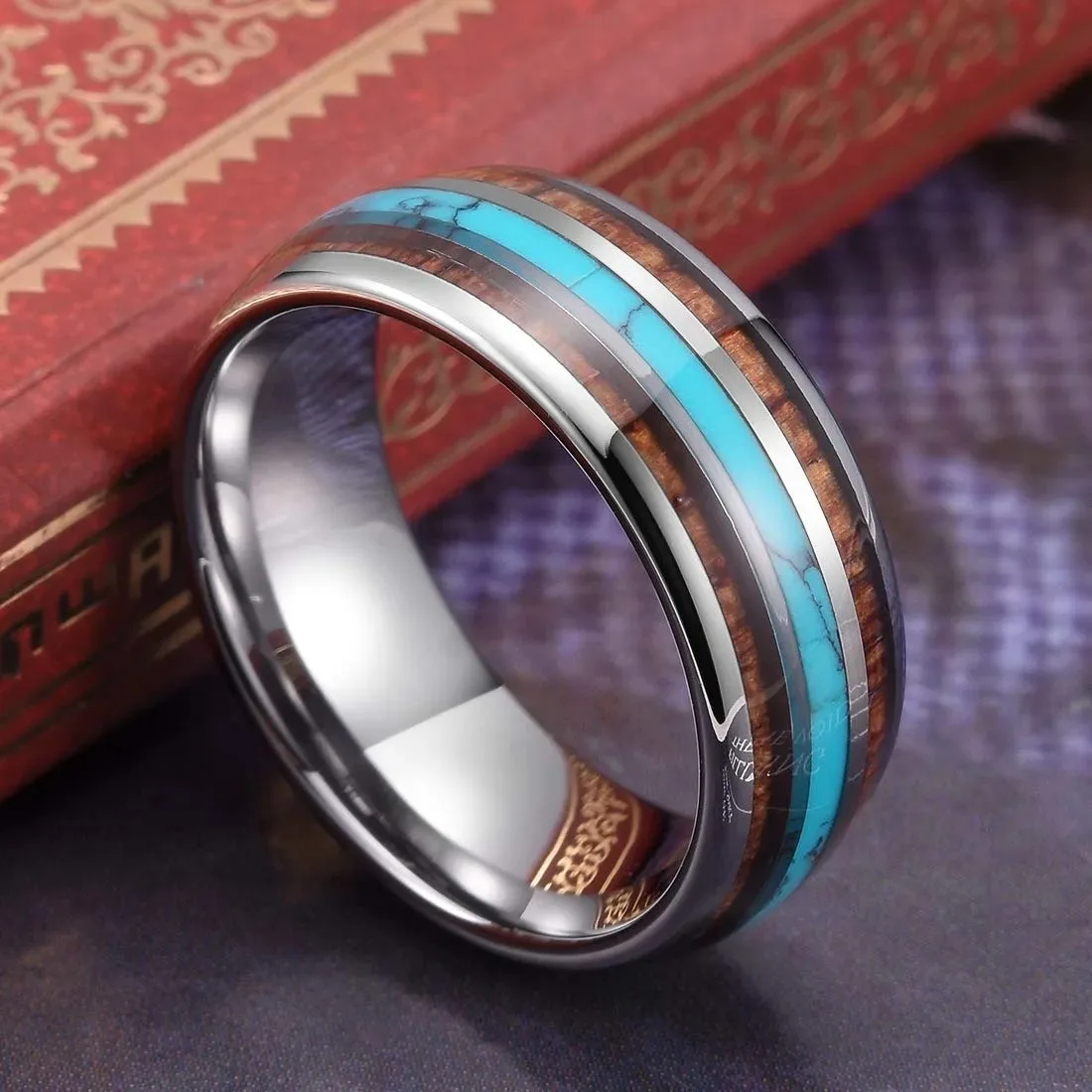 Fashion 8mm Men Stainless Steel Koa Wood Rings Inlay Blue Turquoise Stone Rings For Men Wedding Engagement Band Jewelry Gift