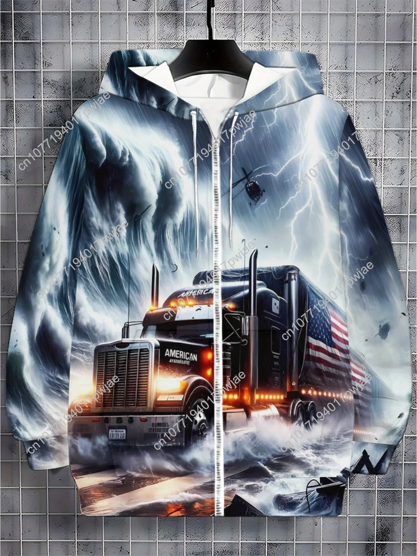 Moletom masculino com capuz gráfico Lightning Truck – poliéster durável, design preto e branco, jaqueta com zíper de ajuste confortável para roupas casuais e esportivas