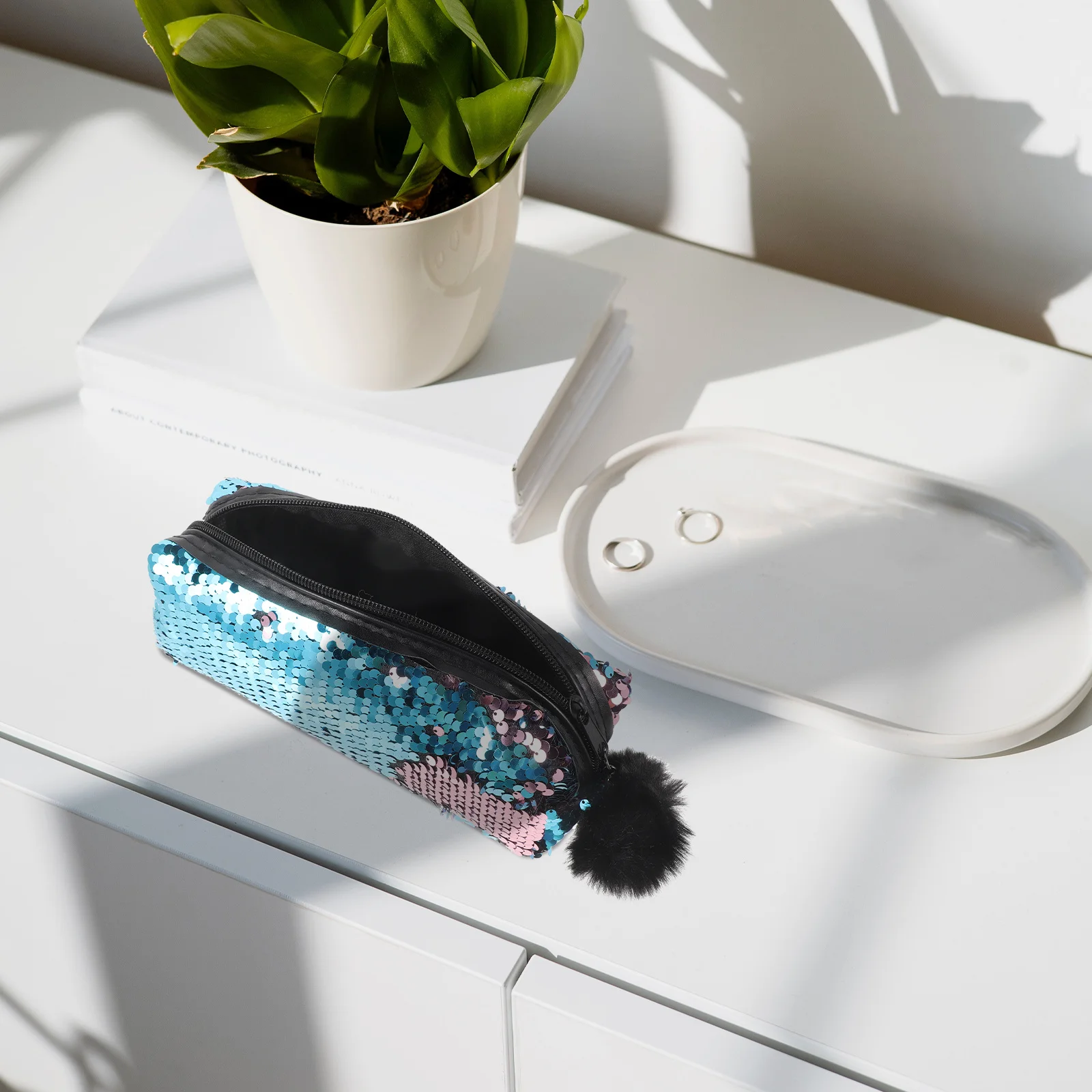 Fashion Blue Sequins Pencil Bag Portable Lightweight Shiny Zipper Handbag Multifunctional Storage Pen Case Coin Holder