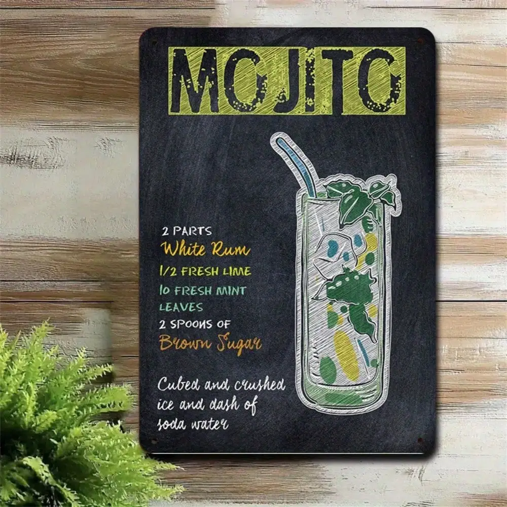 

1PC Tin Sign Mojito Cocktail - Hand-Drawn Recipe/Bar Decor, Vintage Chalkboard Style, 8x12in/20x30cm