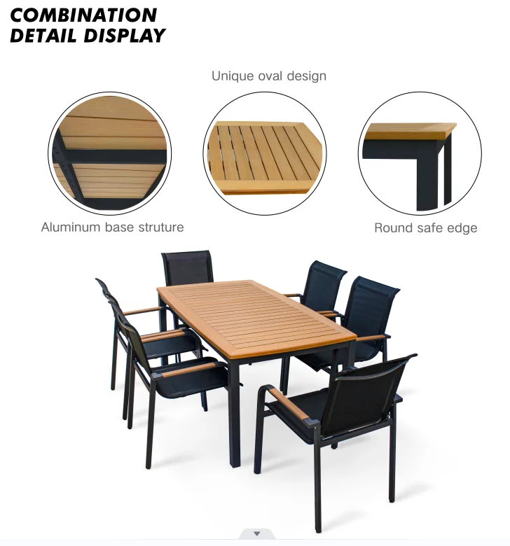 Outdoor Dining Set, Luxury Faux Wood Tabletop Arm-rest Commercial Grade Powder-Coasted Aluminum Base7 Pieces Outdoor Dining Set