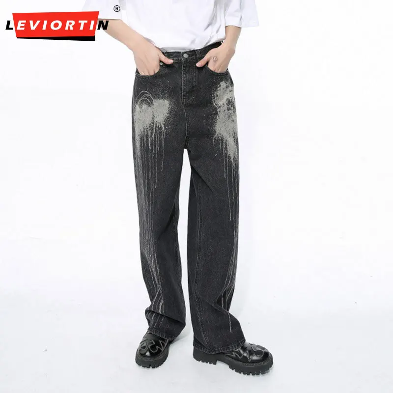 Men's Jeans 2024 Spring New American Street Graffiti Spray Design Contrastive Colors Men's Jeans Long Pants Straight Hip Hop