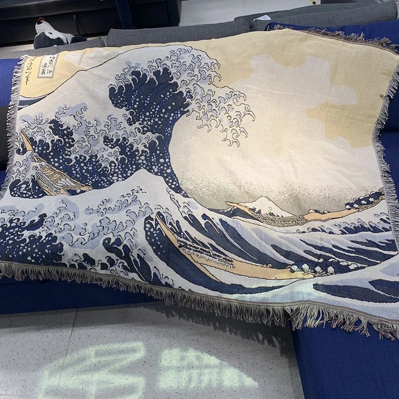 Japan Kanagawa Okura Surfing Multifunctional Art Blanket with Tassels Sofa Bed Decorative Camping Carpet Soft Touch