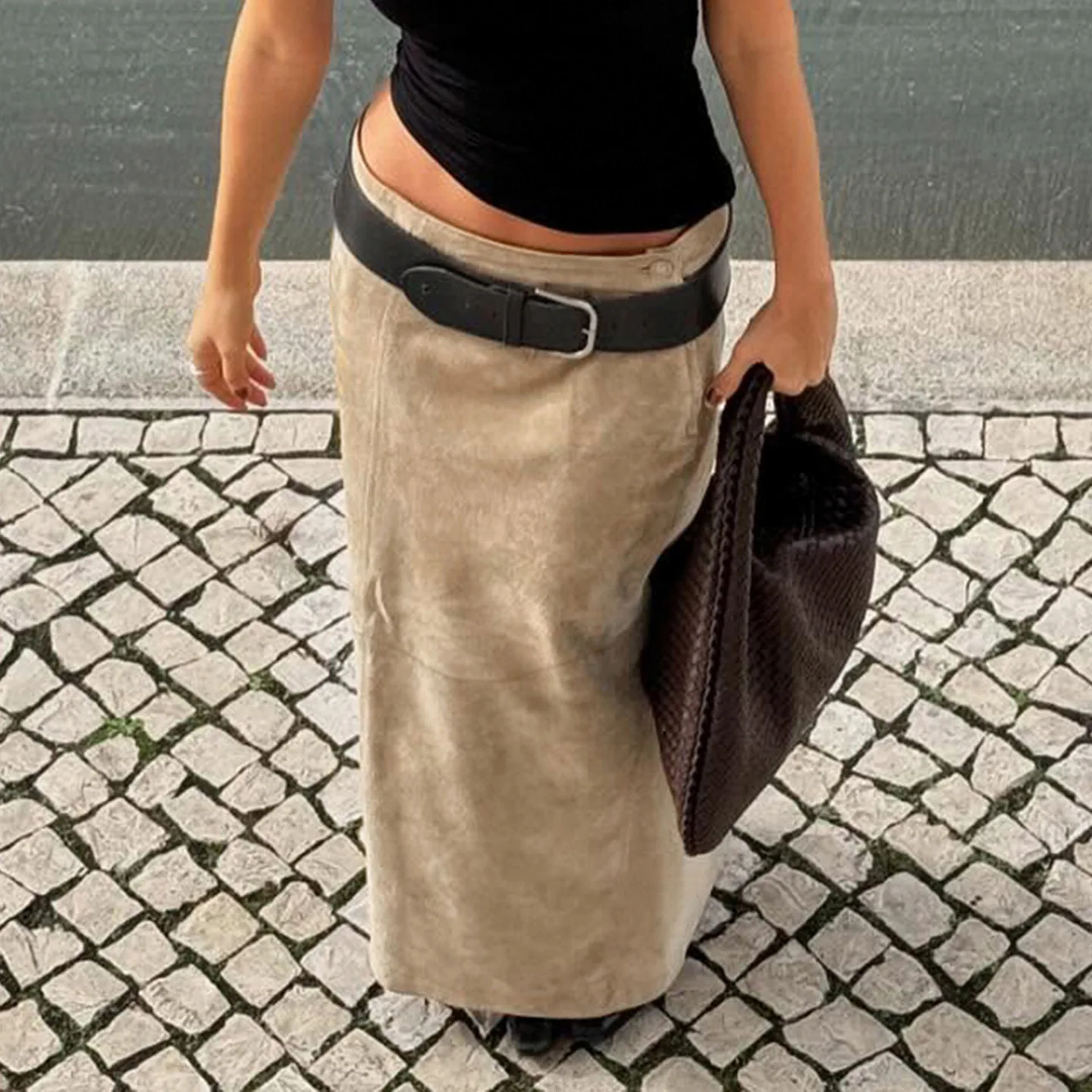 Zimowa Spódnica z Wysokim Stanem w Stylu Spice Girl Retro, Aksamitna, z Rozcięciem z Tyłu, Prosta, Długa, w Jednolitym Kolorze, Damska