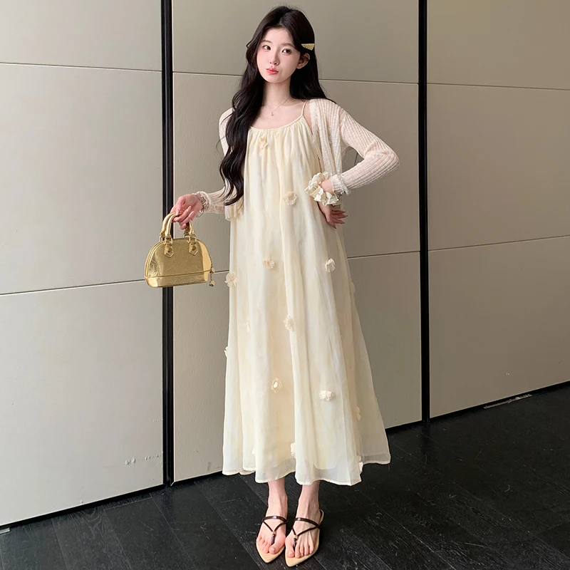 Woman Clothes Set Summer Maternity Dress Set Sweet Strap Dress with Long Sleeve Cardigans Pregnant