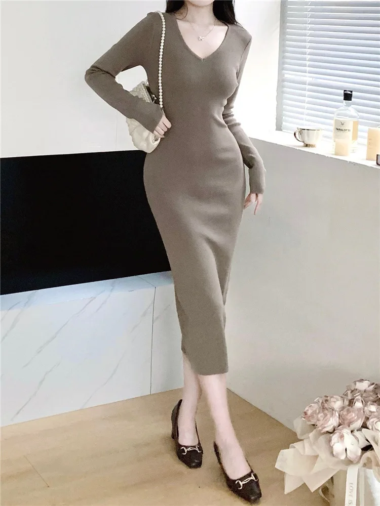 7484 French Deep V-Neck 14-Stitch Dense Non-Deforming Waist-Slimming Over-Knee Inner Long Dress