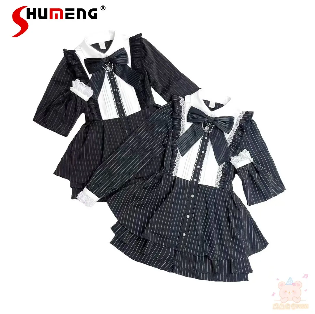 

Japanese Mine Style Mass-Produced Doll Collar Bow Long Sleeve Lolita Mini Dress Striped High Waist Shorts Two-Piece Sets Women