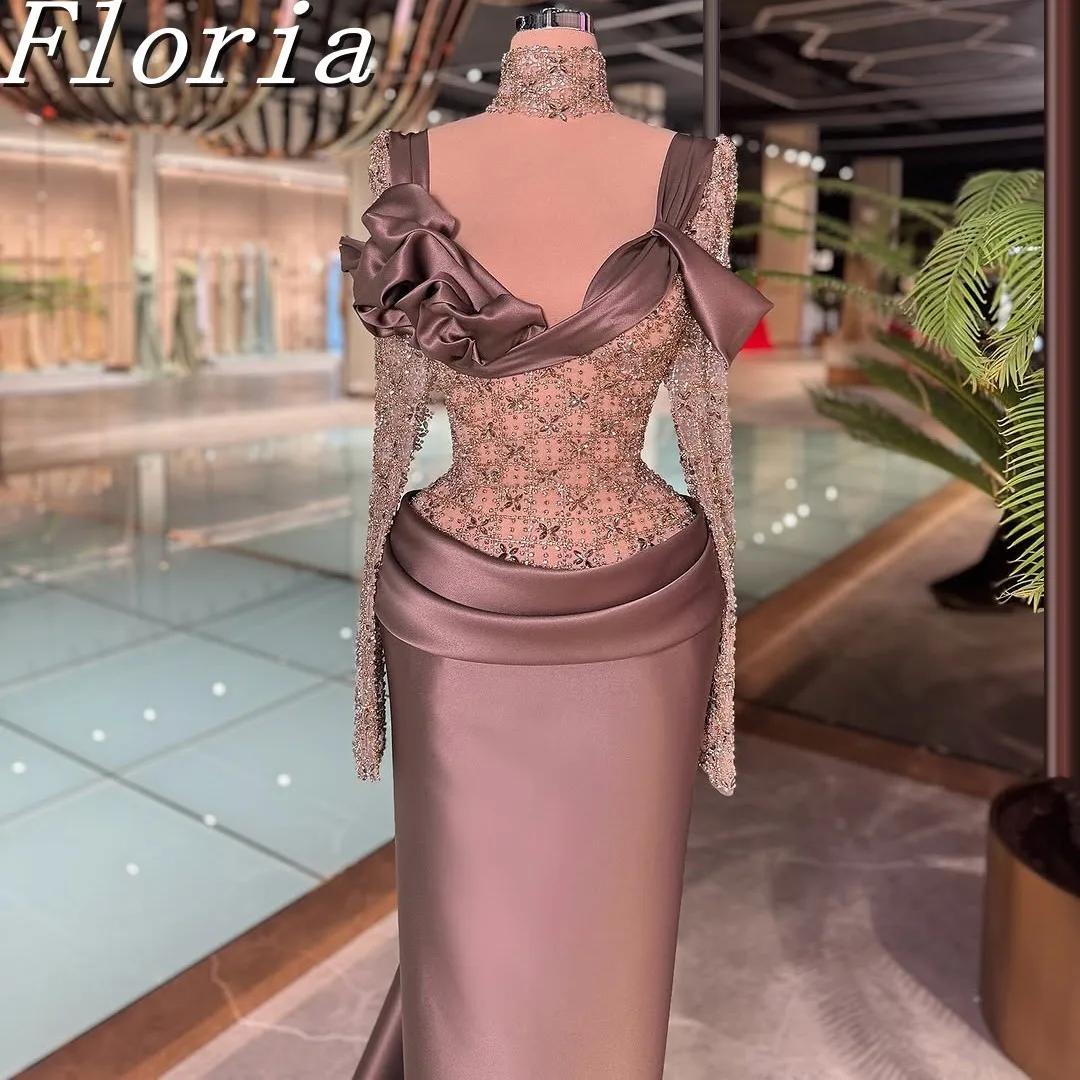 

Brown Beaded Long Evening Gown with 3D Crystals Accents Customizable Wedding Party Rhinestone Tulle Prom Dress