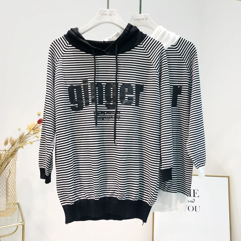 

Женская толстовка в полоску из ледяного шелка, весна 2022, повседневная свободная трикотажная одежда Nine-Quarter Sve в Корейском стиле Sle Commute Faion