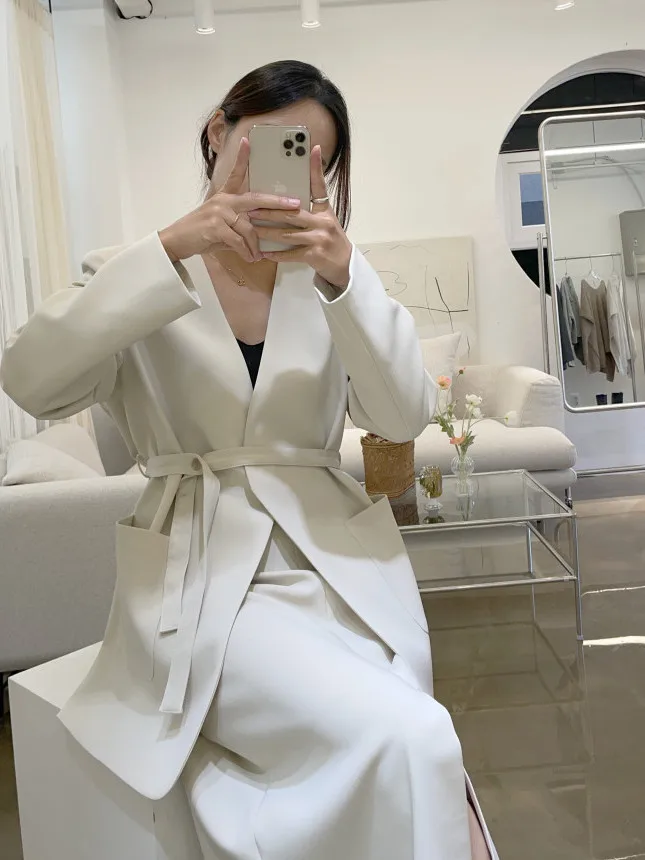 Chic V-Ne Loose Belted Suit Jaet And High Waist Split  Skirt Women's Faion Set Autumn 2025 Trendy Workwear Ensemble