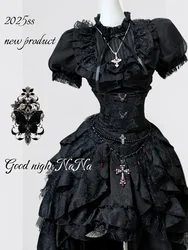 Gothic Dark Black Vintage Lace Blouse Retro Punk Light Lolita Short Sleeves Lace-up Slim Top and Multi Layers Skirt Set 2pcs Set
