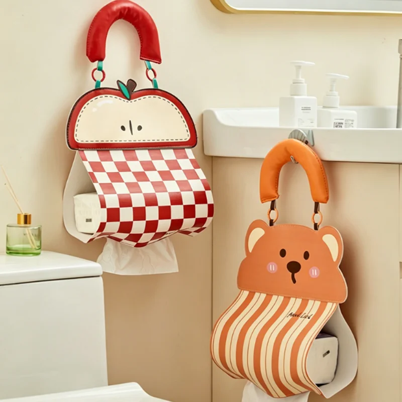 PU Leather Cute Cartoon Hanging Tissue Holder Wall Mount Storage Bag Facial Roll Paper Bathroom Toilet Home Car Interior Decor