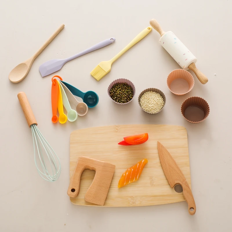 Utensilios de cocina de madera para bebé, modelo de rompecabezas, herramienta de corte de madera, espátula de silicona, juguetes educativos para niños, juguetes Montessori