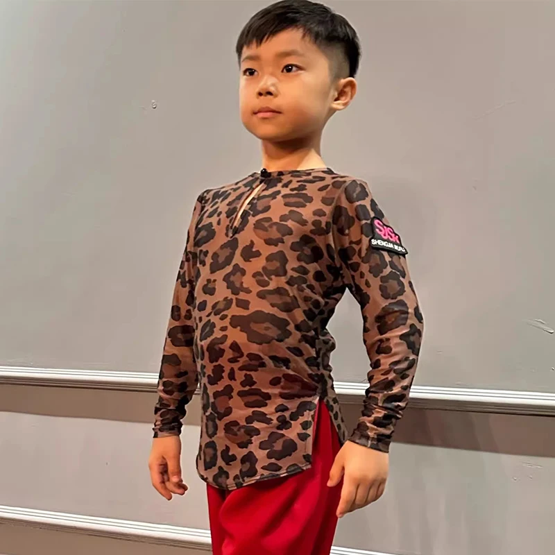Danskleding Training Oefenkleding Nieuwe Jongens Latin Dance Tops Mesh Lange Mouwen Luipaard T-shirt Kids Cha Cha Rumba