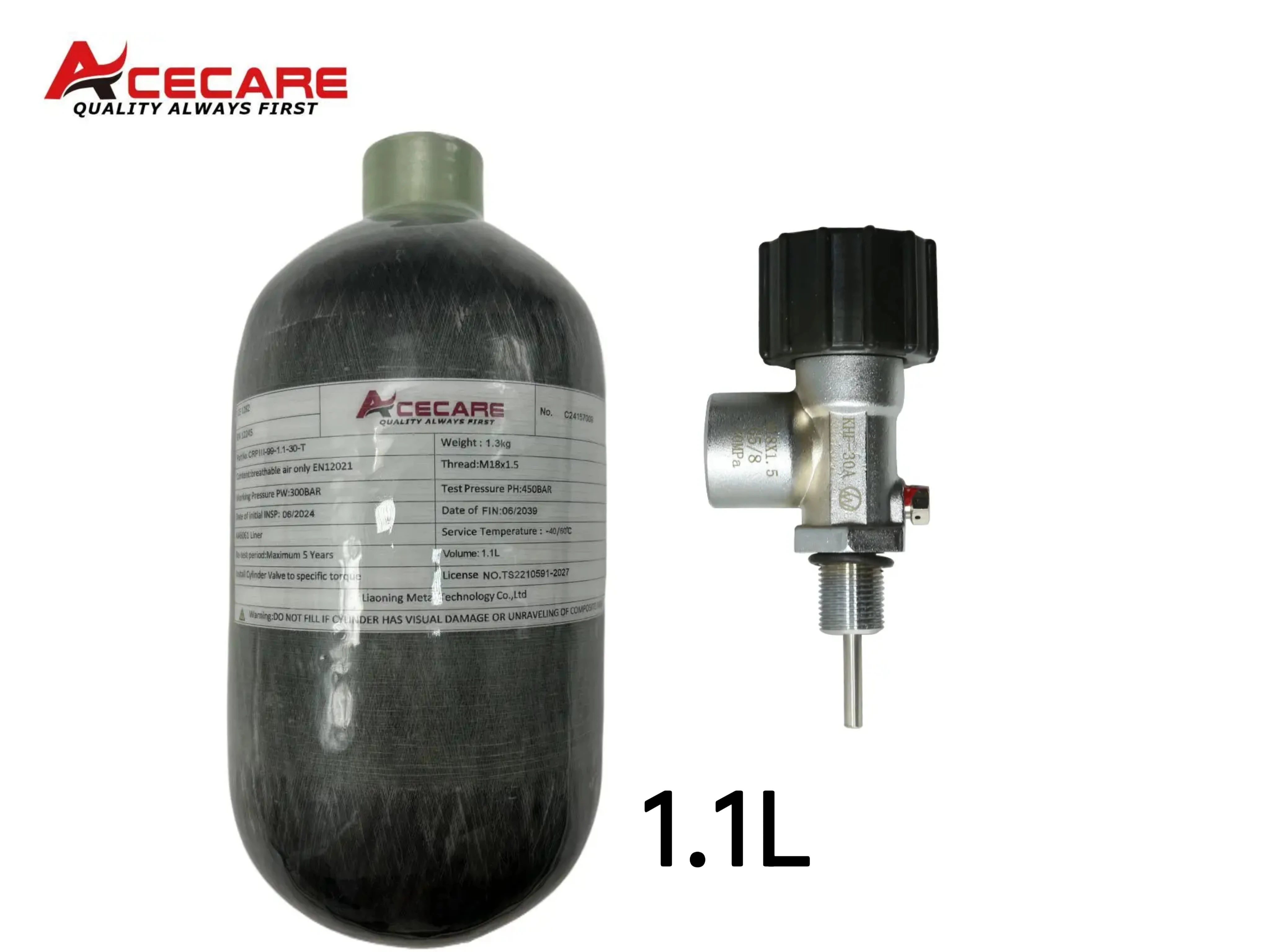 ACECARE 4500Psi 300Bar 30Mpa 1.1L Carbon Fiber Cylinder With Valve HPA High Pressure Tank Scuba Diving Tank Thread M18*1.5