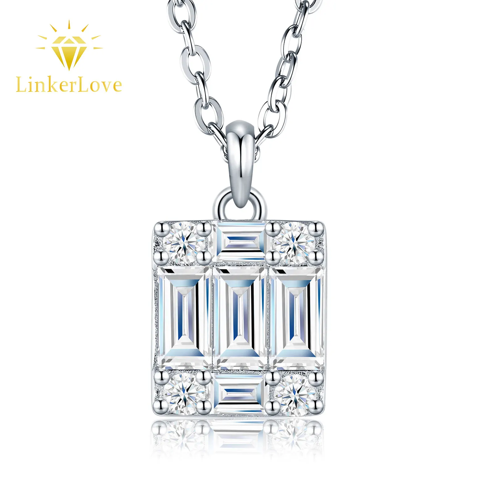 

LinkerLove S925 Sterling Silver Moissanite Square Pendant Necklace for Women Emerald Cut Diamond Necklace Wedding Fine Jewelry