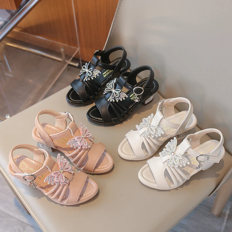 Girls Princess Style High Heel Sandals with Shiny Rhinestone 2026 New Summer Toddler Beach Vacation Sandals Soft Sole Barefoot