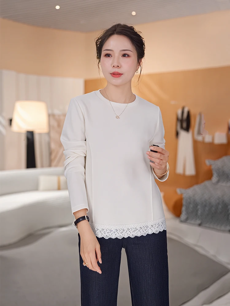 

Элегантная женская футболка с кружевной отделкой и длинным рукавом, повседневная, из дышащей смесовой ткани (хлопок/полиэстер), комфортная, с высокой талией