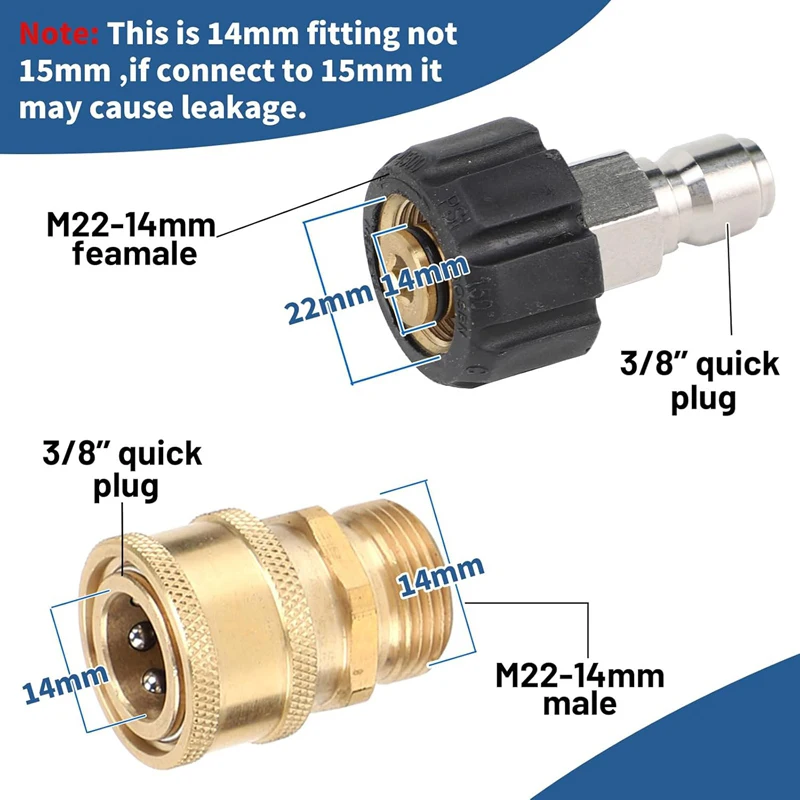 Pressure Washer Quick Connect Coupler  M22 14mm/15mm to 3/8  Adapter Quick Connection for Pressure Washer Hose and Gun 5000 PSI