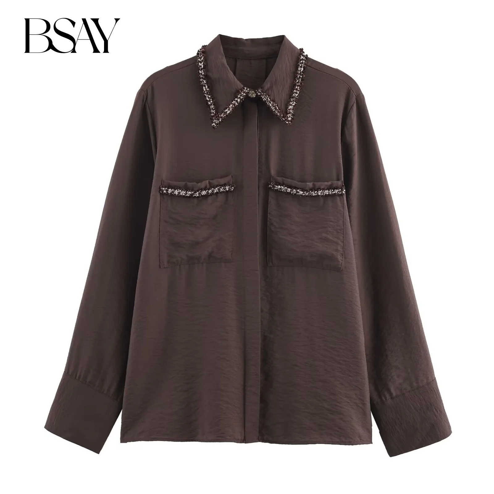 

BSAY текстурированная рубашка со сращиванием, женская мода, осенние новые коричневые свободные блузки с лацканами и длинными рукавами, шикарные офисные женские топы mujer