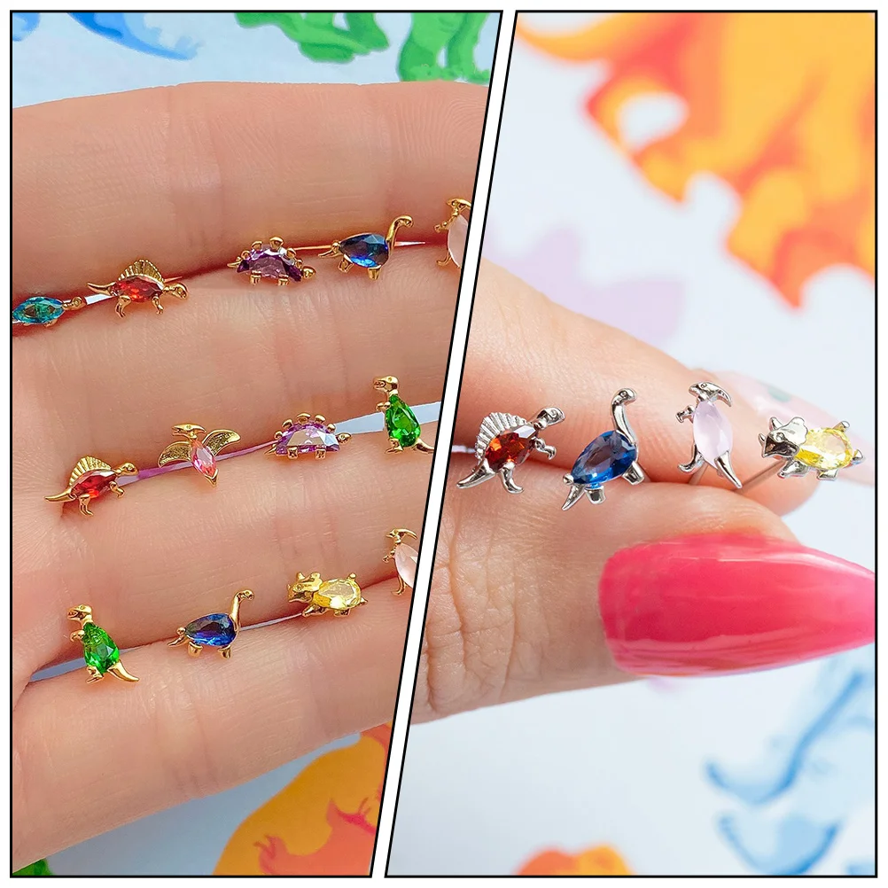 

Cartoon Dinosaur Earrings 4 Pairs Small Stud Lovely Decorations Gold Color Animal Shape Creative Ear Accessories