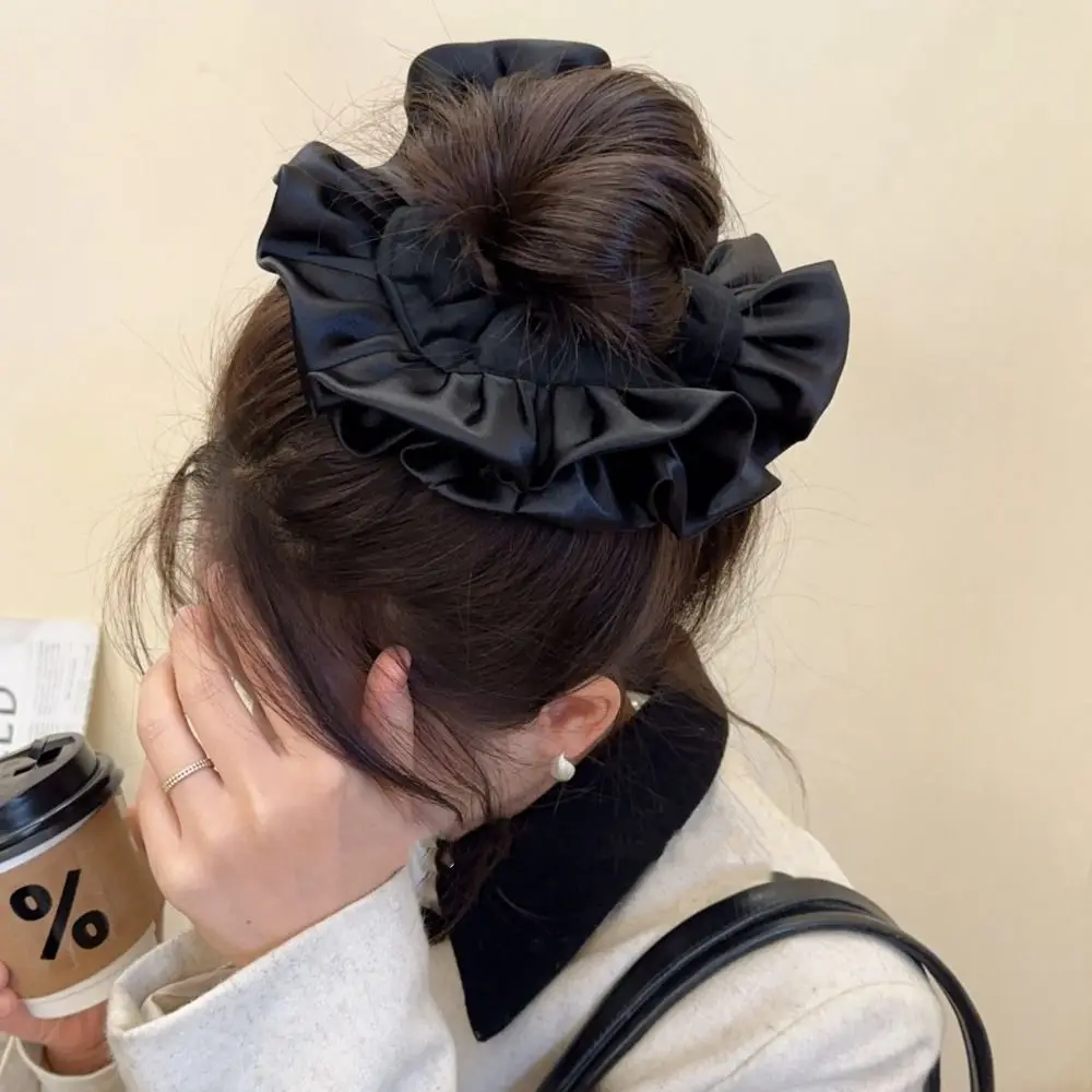 Flower Shape Pleated Hair Scrunchies Ballet Style Elegant Large Satin Hair Ring Ponytail Holder Rubber Bands