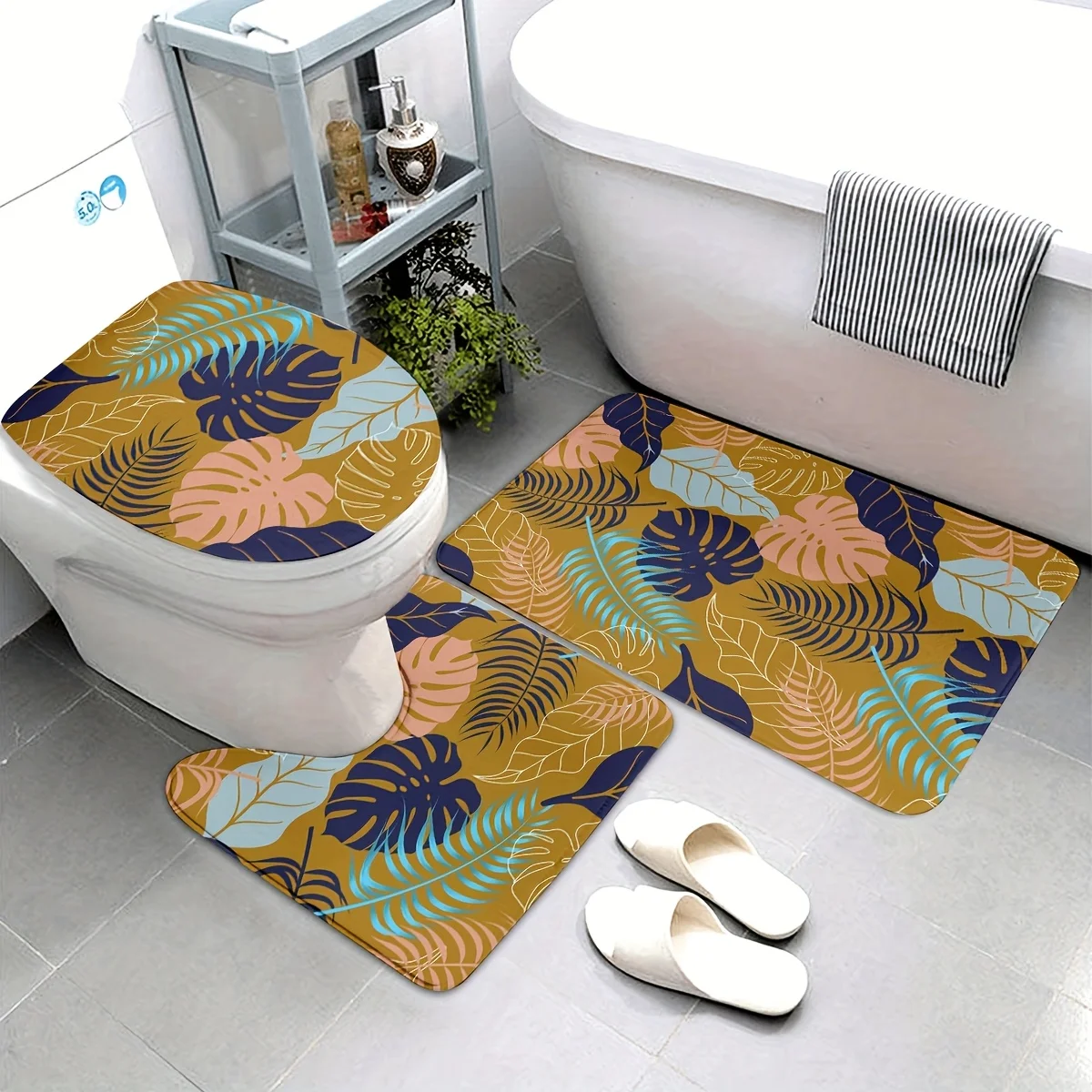 

Tropical Foliage 3pcs Bath Mat Set - Non-Slip, Washable & Decorative for Kitchen, Bathroom & Bedroom - Includes Bath Rug, Contou