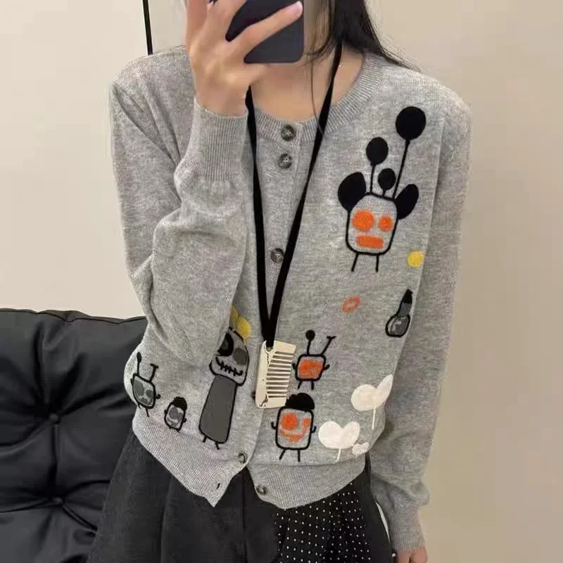 

Autumn Winter New Fashion Embroidery Loose Knitted Cardigan Women Clothing Y2k Chic Vintage Casual O-neck Sweaters