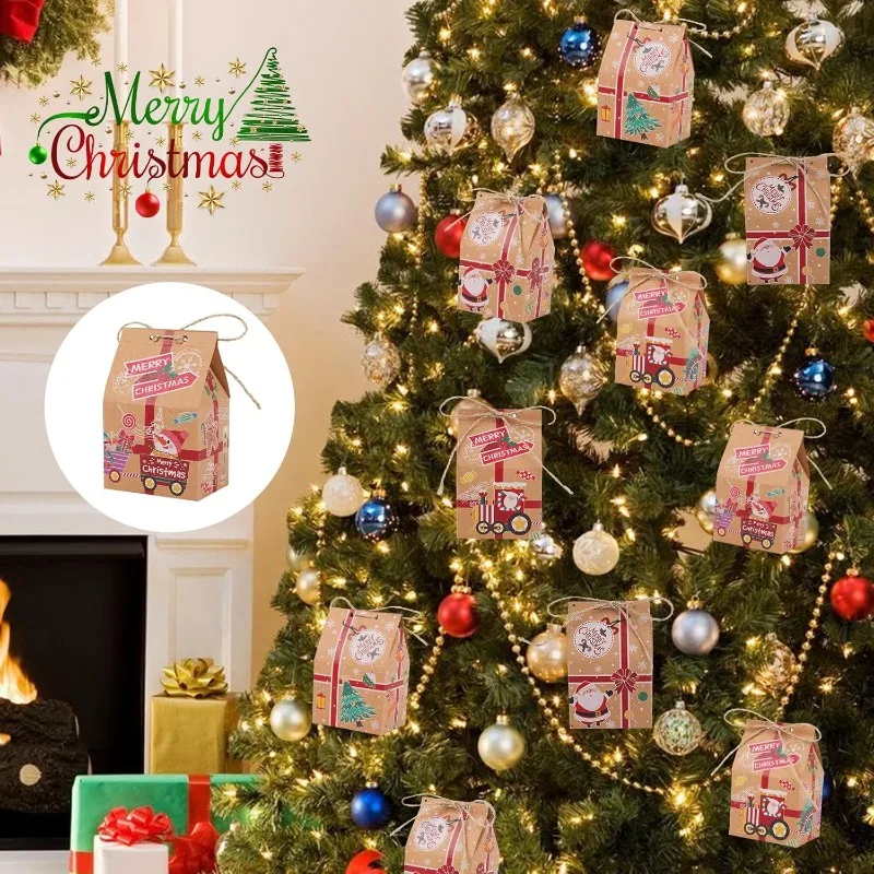 1/30PCS Kraft Paper Gifts Box Christmas Packaging Gift Box with Rope Santa Claus Pattern Packing Box Home Xmas Party Decoration