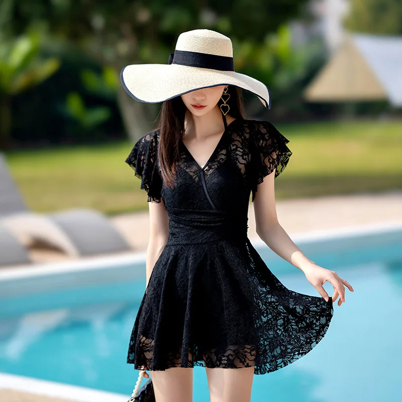 wisuwore 2023 Newest Swimsuit Women One Piece Bathing Suit Flouching Sexy Korean Style Swimwear Padded V-Neck Swim Dress