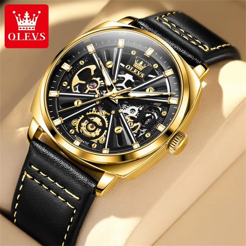 

OLEVS Luxury Men Watches Automatic Mechanical Wristwatch Skeleton Waterproof Leather Strap Male Watch 6685 Hollow Watch for Men