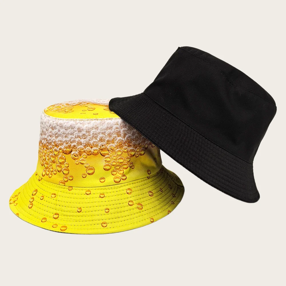 Reversible Beer Bubble Printed Bucket Hat, Suitable for Both Men and Women, Perfect for Beer Time. Cup Pattern, Fisherman Hat, D