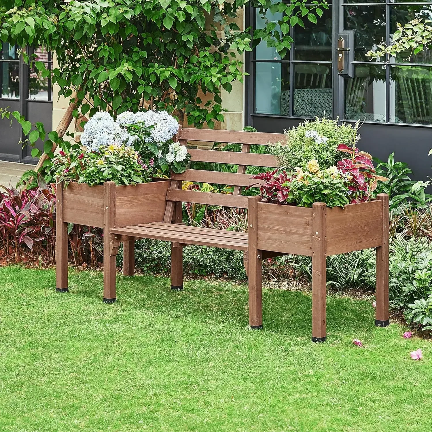 Brown Wooden Garden Bench with Side Planter Boxes, Raised Plant Container for Patio/Backyard/Garden